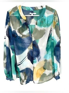 Chico's Teal Navy Mint and Gold Watercolor Long Sleeve Blouse